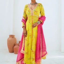 Myaara Gul Bahaar Lemon Green Tissue Chanderi Printed Kurta with Pnat and Dupatta-image-64