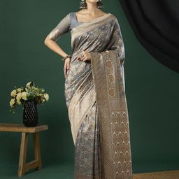 HI FI NX Ethnic Motifs Woven Design Zari Pure Linen Saree-43