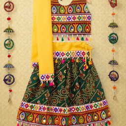 Banjara India Navratri Theme Sleeveless Kutchi Embroidered Choli & Bandhani Lehenga With Dupatta - Green & Multi Color-image-69