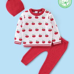 Babyhug Organic Cotton Full Sleeves Sweater Set with Cap Cherry Design - Off White & Red-image-34