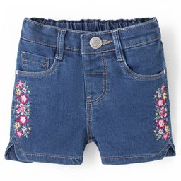 Babyhug Cotton Spandex Mid Thigh Length Stretchable Washed Denim Shorts Floral Embroidery - Blue-image-48