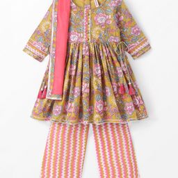Babyhug 100% Cotton Knit Three Fourth Sleeves Kurti & Palazzo Set With Dupatta Floral Printed - Yellow & Brown-picture-17
