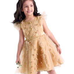 Mark & Mia Sleeveless Party Frock  with Floral Applique & Frill Detailing - Gold-image-93
