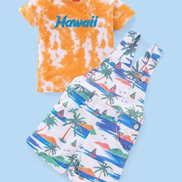 Babyhug 100% Cotton Knit Dungaree and Half Sleeves T-Shirt Set Beach Theme - Multicolor-image-97