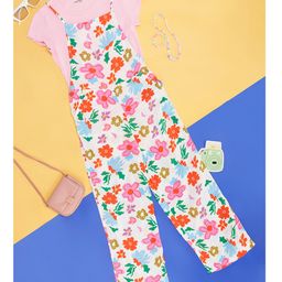 Pantaloons Junior Floral Printed Cotton Dungaree With Half Sleeves Solid Tee - Off White-image-42