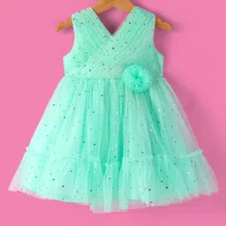 Babyhug Sleeveless Party Frock with Sequin Detailing Floral Applique - Mint-picture-15