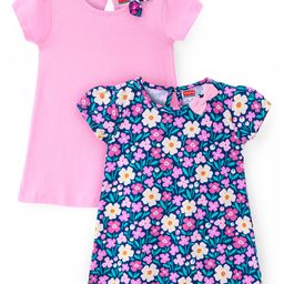 Babyhug Single Jersey Cap Sleeves Knee Length Frocks with Bow Floral Print - Pink & Purple-image-91