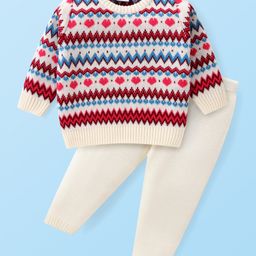 Babyhug Knitted Full Sleeves Heart Designed Pullover Sweater Set- White Red & Blue-image-8