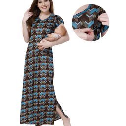 Piu Sinker Woven Half Sleeves Abstract Printed Nighty With Concealed Nursing Access - Blue-image-76