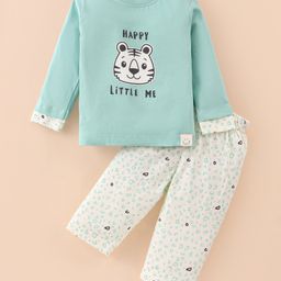 Ollypop Interlock Knit Full Sleeves T-Shirt & Lounge Pants Set With Tiger Print - Sea Green & Cream-image-6