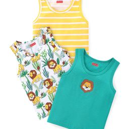 Babyhug Cotton Knit Sleeveless Sandos With Stripes & Lion Print Pack of 3 - Green White & Yellow-image-47