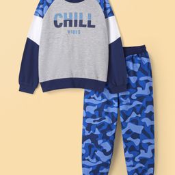 Honeyhap Premium100% Cotton Knit with Bio Finish Winter Wear Full Raglan Sleeves Sweatshirt & Lounge Pant Set with Text & Camouflage Print - White Melance & Blue-image-26