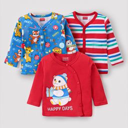 Babyhug 100% Cotton Full Sleeves Front Open Jhablas With Stripes & Bear Print Pack of 3 - Red & Blue-image-28