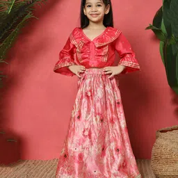 READIPRINT Three Fourth Sleeves Floral & Foil Printed Lace Embellished Lehenga & Choli Set - Pink-picture-7