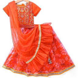 Babyhug Woven Organza Floral Printed Half Sleeves Embroidered Choli Lehenga Set with Frill Dupatta - Orange-image-96