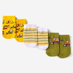 Cute Walk By Babyhug Cotton Knit Anti-Bacterial Ankle Length Stripes & Vehicle Designed Socks Pack Of 3 - Yellow White & Green-image-99