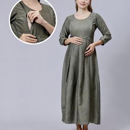 Dummy Shape Three Fourth Sleeves Abstract Printed Maternity Flared Kurta With Attached Floral Embroidered Belt & Concealed Zipper Nursing Access - Grey-image-58