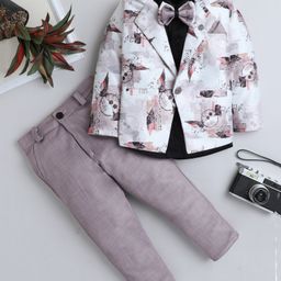 Fourfolds Full Sleeves Abstract Printed Three Piece Party Suit Set With Bow - Pink-0