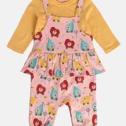 MINI KLUB Cotton Fruits Printed Dungaree With Full Sleeves Top - Pink & Yellow-image-38