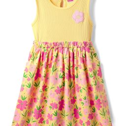 Babyhug Cotton Knit Sleeveless Frock with Floral Print & Patch - Yellow-image-75