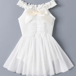 Mark & Mia Cotton Knit Sleeveless Frockstyle Onesie with Bow and Frill Detailing - White-image-3