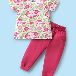 Doodle Poodle 100% Cotton Knit Half Sleeves Floral Printed T-Shirt & Lounge Pant Set - White & Dark Pink-image-77