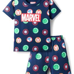 Babyhug Single Jersey Knit Half Sleeves Short Co-ords Night Suit With Marvel Graphics - Navy Blue-image-98