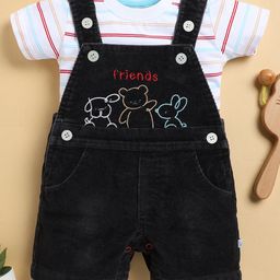 Wonderchild Interlock Woven Teddy Bear Embroidered Romper With Half Sleeves Striped Tee - White & Charcoal-image-77