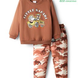 Babyoye 100% Cotton Knit Full Sleeves Winter Wear Sweatshirt & Lounge Pant Set with Safari Theme Print - Brown-picture-10