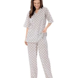 Piu Pure Cotton Woven Half Sleeves Abstract Printed Coordinating Maternity Night Suit Set - White-image-69