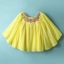 Babyhug Woven Full Sleeves Kaftan Style Top With Floral Embroidery - Yellow-image-49