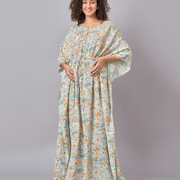 Mine4Nine Rayon Woven Three Fourth Batwing Sleeves Floral Printed Maternity Kaftan Dress With Nursing Access - Light Blue-picture-24