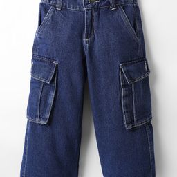 Olio Kids Denim Woven Full Length Solid Colour Jeans With Cargo Pockets - Navy Blue-image-63