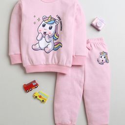BUMZEE Cotton Knit Full Sleeves Cotton Unicorn Printed Sweatshirt & Jogger Set - Light Pink-image-125