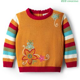 Babyoye 100% Cotton Full Sleeves Stripes Pullover Sweater with Floral Embroidery - Mustard-image-25