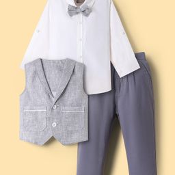 Little Kangaroos Cotton Woven Full Sleeves Solid Color 3 Piece Party Suit with Bow Applique - Navy Blue & White-picture-35