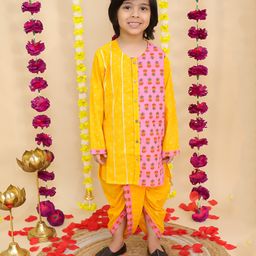 BownBee Pure Cotton Woven Full Sleeves Floral Printed Gota Lace Embellished Dhoti Kurta Set - Pink-picture-14