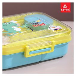 Attro Lunch Box Dinosaur Theme Print with Inner Container & Spoon - Yellow & Light Blue image 5