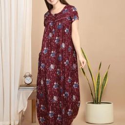 Sweet Dreams Maroon Cotton Print Short sleeve Night Dress-image-45
