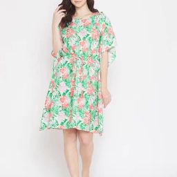 Clovia Green & Red Floral Print Kaftan Nighty-image-1