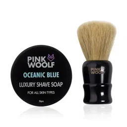 Pink Woolf Boar Hair Shaving Brush & Natural Shaving Soap Combo Oceanic Blue-55