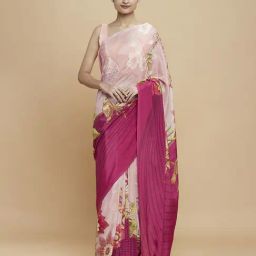 Navyasa Peach Liva Crepe Floral Printed Saree With Coordinated Unstitched Blouse Piece-image-33