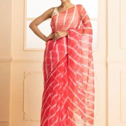 Geroo Jaipur Pink Handcrafted Leheriya Organza Saree With Pittan Work-picture-23