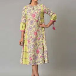 W Green Floral Print A-Line Dress-image-94