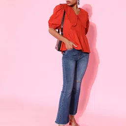 Athena Women Gorgeous Red Puff Sleeves Above the Keyboard Collar Sleek Top-image-31