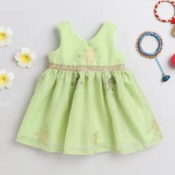 Many Frocks Kids Green Self Design Dress-image-79