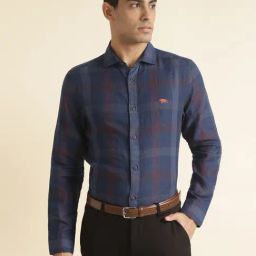 ANDAMEN Navy Slim Fit Check Shirt-image-71