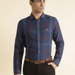 ANDAMEN Navy Regular Fit Check Shirt-image-34