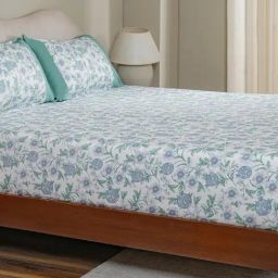 Maspar Blue Cotton Printed 200 TC Double Fitted Bedsheet with 2 Pillow Covers-image-92