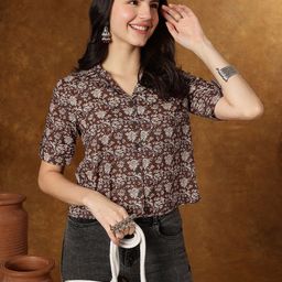 KALINI Floral Print Roll-Up Sleeves Cotton Shirt Style Crop Top-image-84